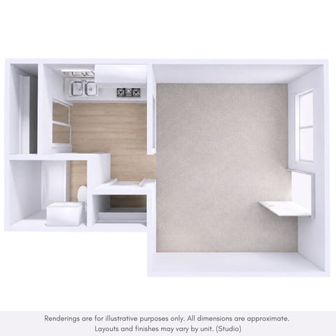 Floor plan for studio, 1 bath, 288 sqft